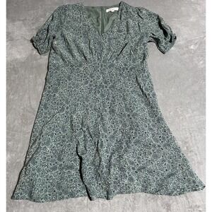 Ann Taylor LOFT Dress Womens 14 Green Floral Short Sleeve V Neck A-Line Whimsy